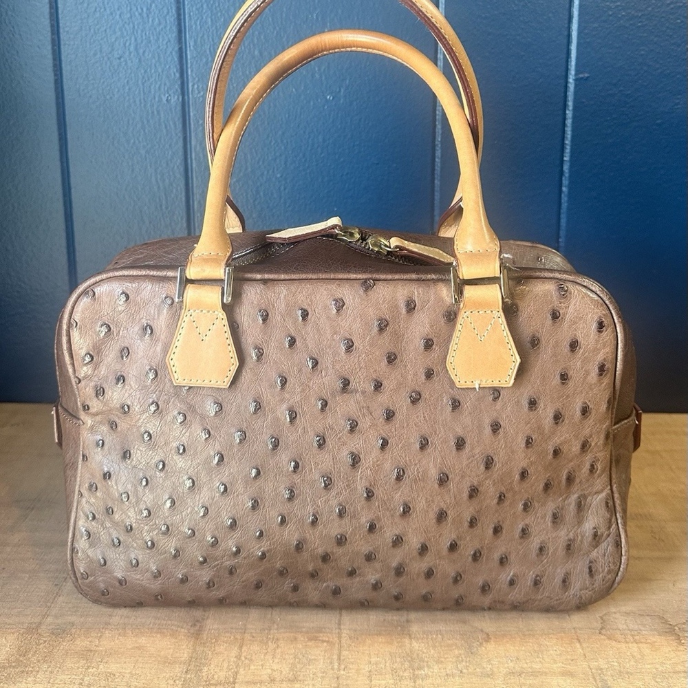 Renoma Paris Genuine Ostrich Leather Boston Satchel Handbag Brown Vintage